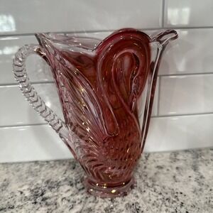 Swan Pitcher‎ Pink 24% Lead Crystal Clear Glass Ribbed Handle 9" Jug Vintage